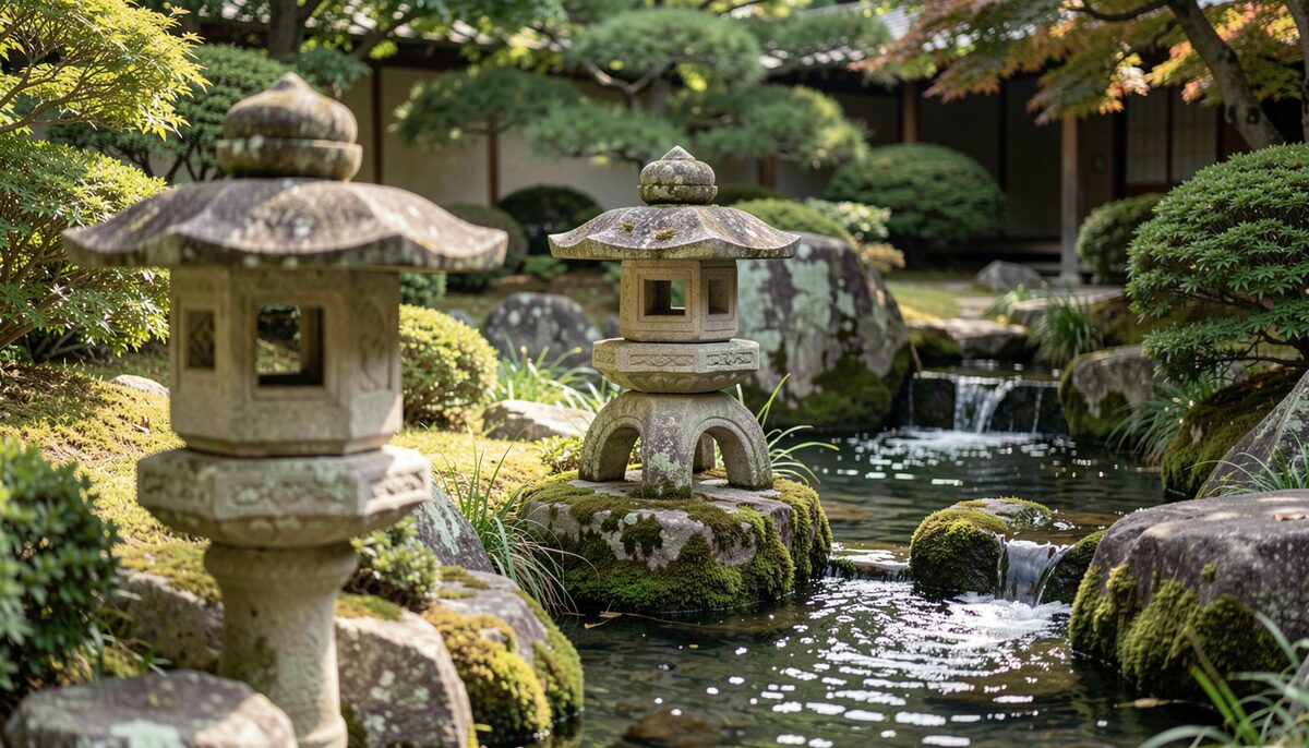Giardino giapponese con lanterna di pietra e acqua corrente, immagine illustrativa generata con AI.