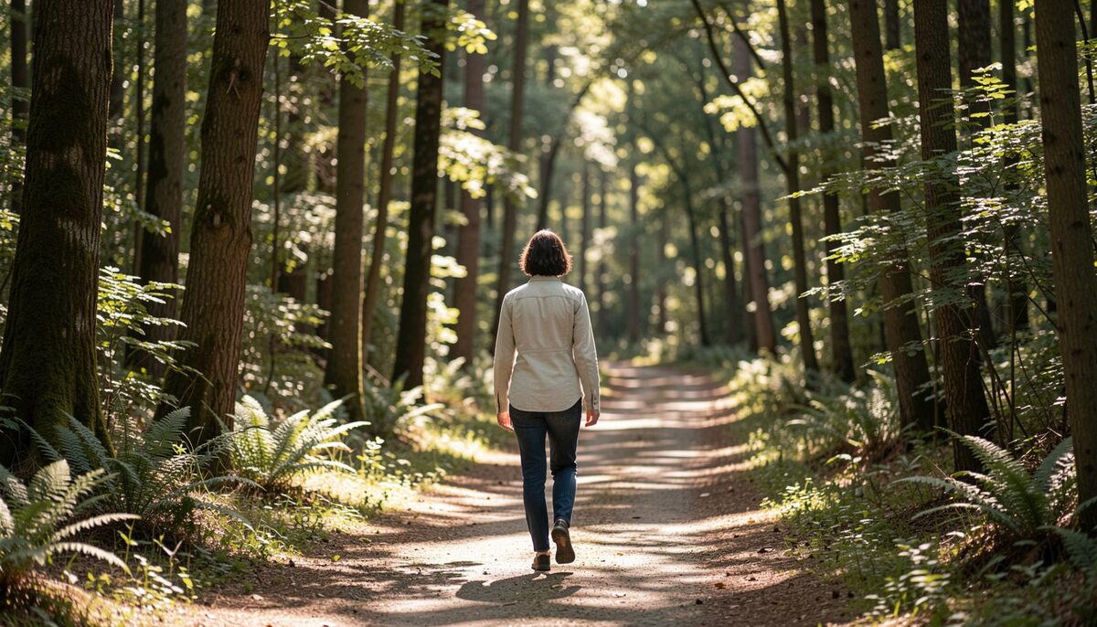 Persona che cammina su un sentiero nel bosco con luce filtrata dagli alberi. Immagine illustrativa, generata con AI.