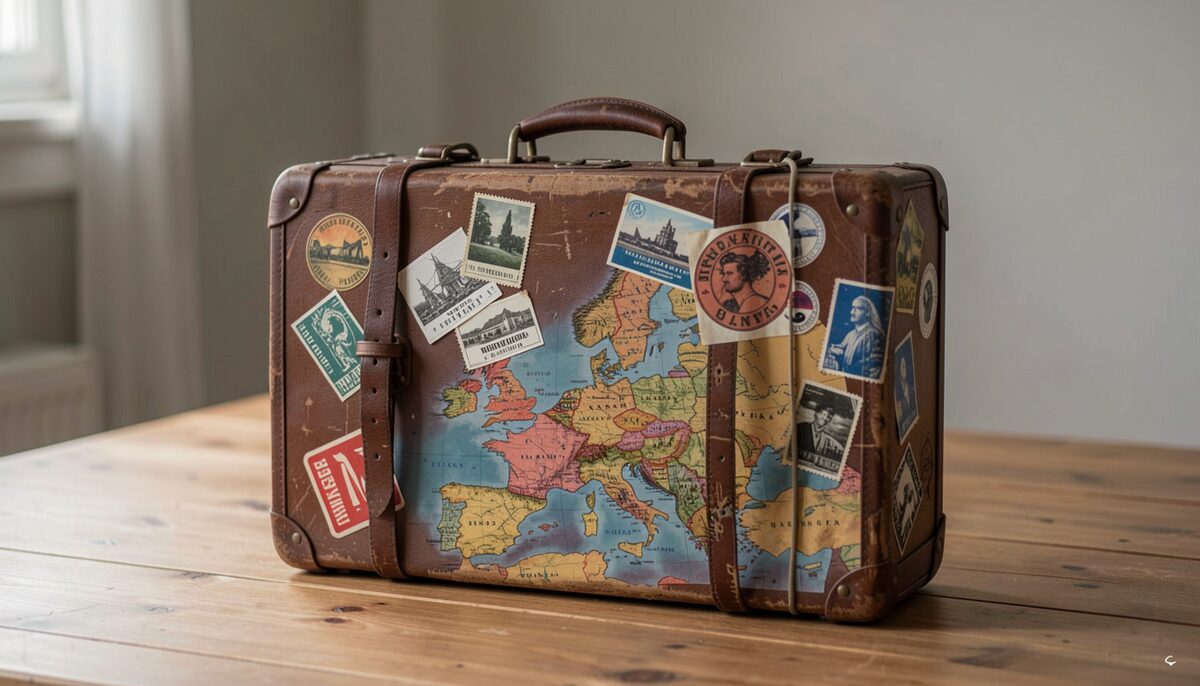 Valigia d'epoca con etichette di viaggio e mappa dell'Europa. Immagine illustrativa, generata con AI.