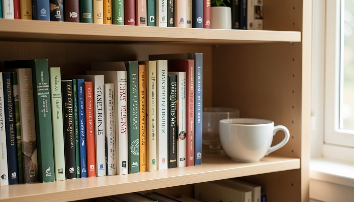 Scaffale con libri italiani sulle pratiche olistiche e una tazza di tè. Immagine illustrativa, generata con AI.