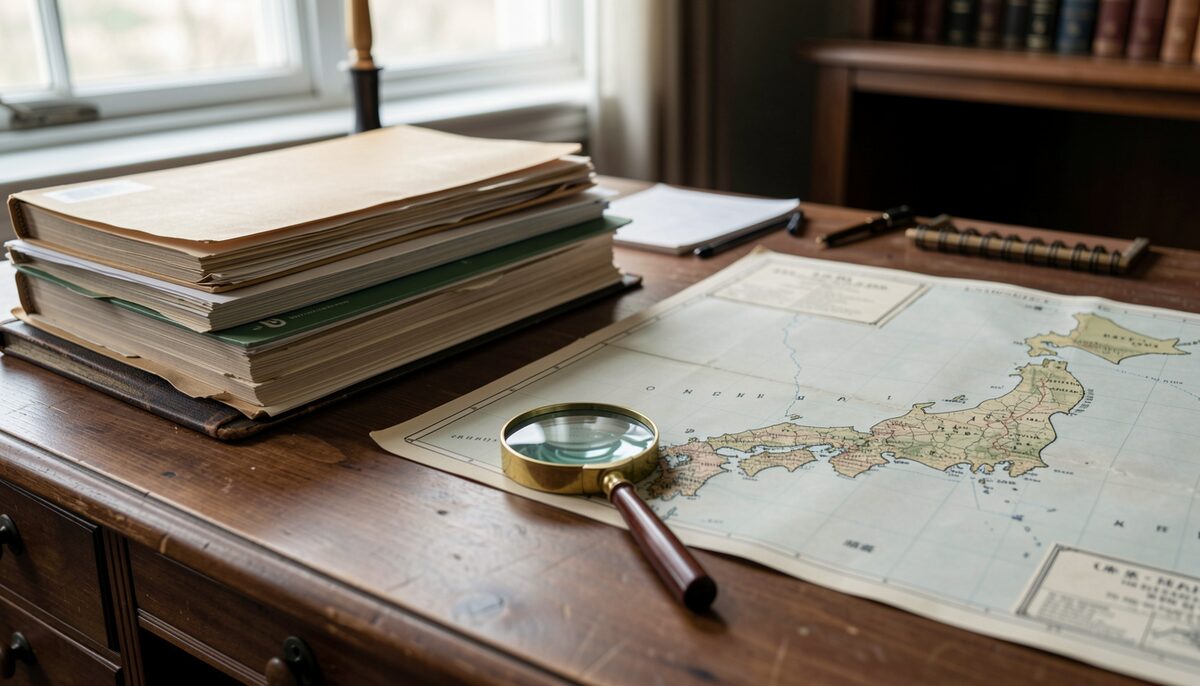 Scrivania di uno storico con cartelle d'archivio, una lente d'ingrandimento e una mappa del Giappone. Immagine illustrativa, generata con AI.